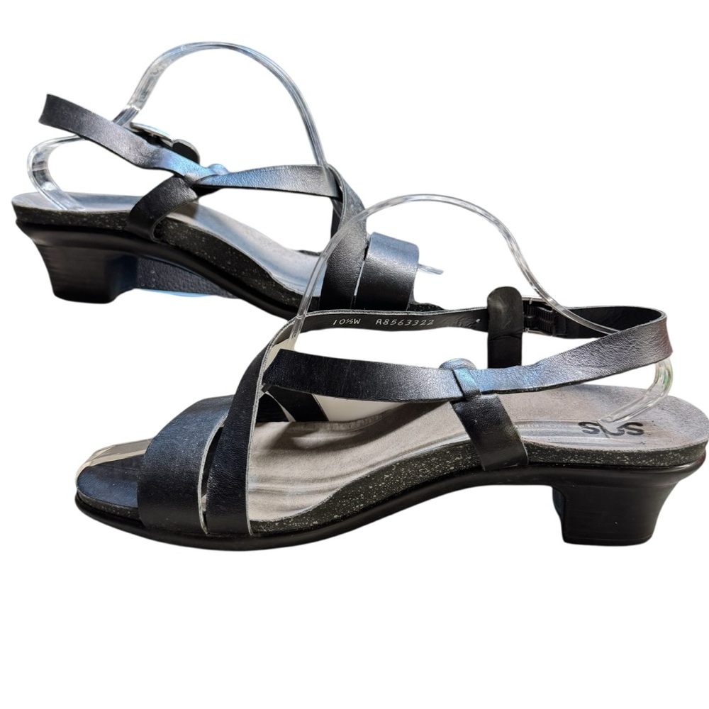 SAS‎ Nouveau Cross Strap Block Heel Sandals Leather Womens Size 10.5W Black EUC